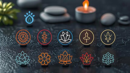 A vector yoga and wellness icon set featuring health symbols like lotus poses, meditation, and holistic practices. The icons are displayed in a grid format, ready for use in wellness apps, websites, 