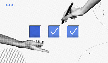 Trendy Halftone Collage Hand with pen and check list. Organized task processing. Project plan. Completed to do list banner. Quality assurance control. Contemporary vector illustration art