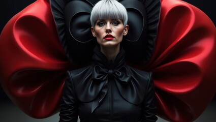 Striking Woman in Black Leather Outfit with Dramatic Red Bow Accent Strikingly Confident Expression