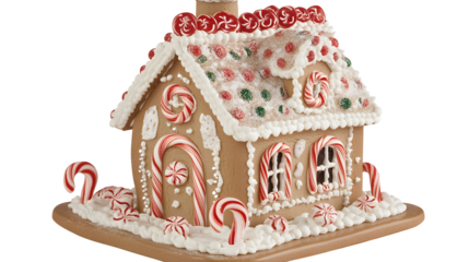 A festive Christmas gingerbread house intricately decorated with colorful candy canes and sweet icing on an isolated white background.