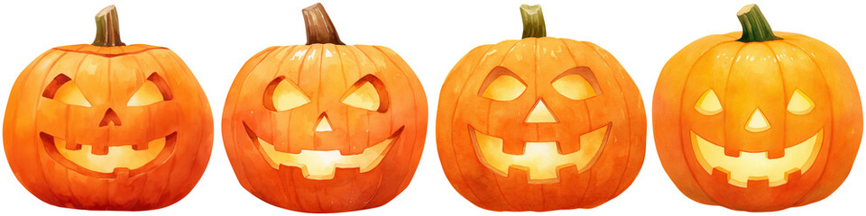 A row of four carved pumpkins with various expressions, showcasing the festive spirit of Halloween.