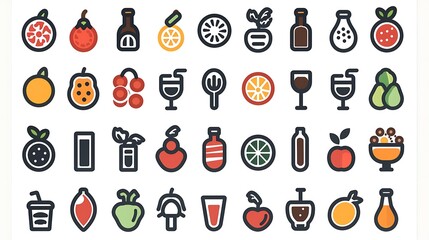A vector food and drink icon set featuring culinary symbols like fruits, vegetables, utensils, and beverages. The icons are displayed in a grid format, ready for use in menus, apps, and other 