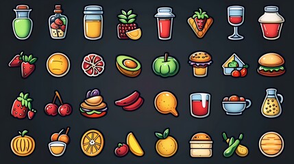A vector food and drink icon set featuring culinary symbols like fruits, vegetables, utensils, and beverages. The icons are displayed in a grid format, ready for use in menus, apps, and other 