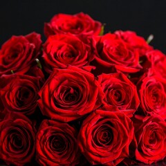 A close-up shot of a bouquet of deep red roses against a black background