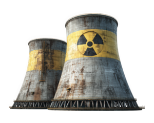 Nuclear cooling tower radioactive symbol industrial structure isolated weathered metallic power plant hazardous energy environmental impact dramatic mood