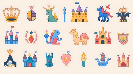 A vector fairy tale and fantasy icon collection featuring whimsical designs like castles, crowns, and mythical creatures. The icons are displayed in a grid format, ready for use in storybooks, 