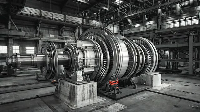 Large industrial turbine in a spacious factory setting with machinery and tools in the background