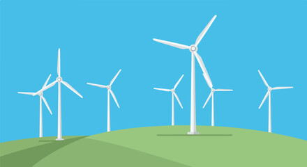 Fototapeta premium Flat Illustration Wind Turbines Spin on Hill Against Blue Sky; Energy Concept