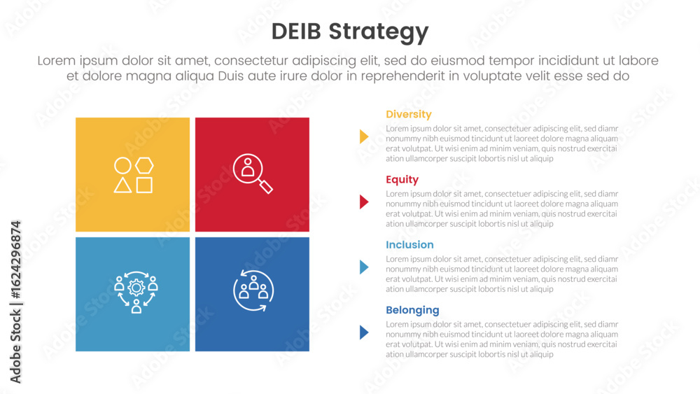 Poster deib diversity strategy infographic 4 point stage template with matrix structure with block square s