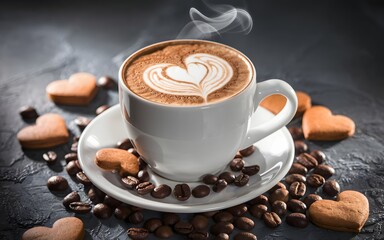 Steaming cup of coffee with heart art and heart shaped cookies