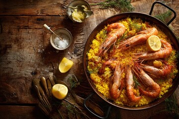 Shrimp Paella in copper pan on rustic wood