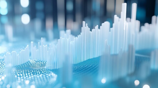 Abstract 3D rendering of a data visualization, depicting fluctuating bar graph in cool blue tones. - Powered by Adobe