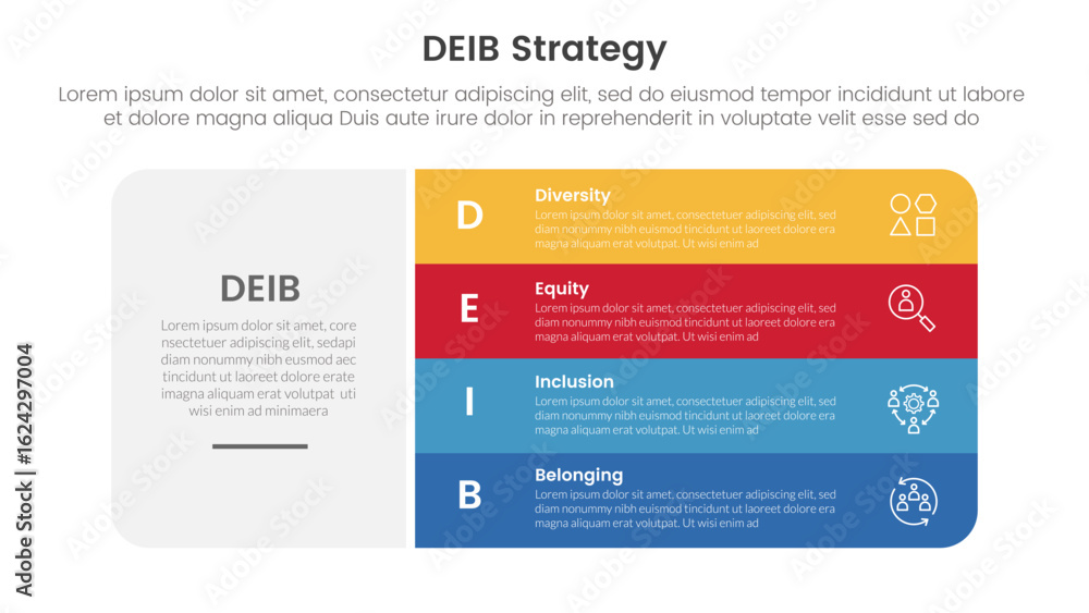 Poster deib diversity strategy infographic 4 point stage template with big round box and vertical stack poi