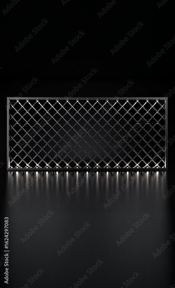 Poster sleek, rectangular chrome structure with a repeating diamond lattice pattern, illuminated from below
