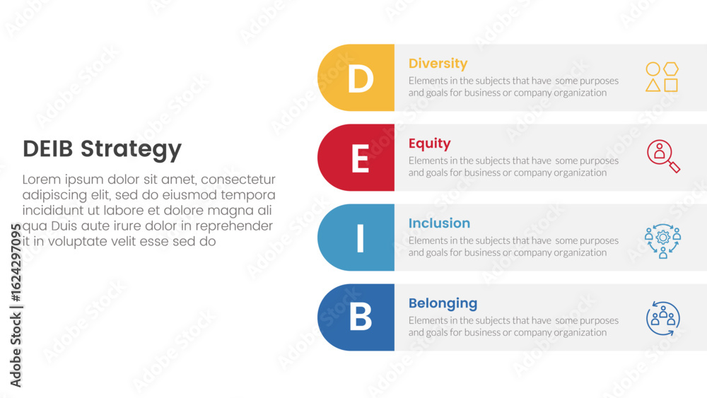 Poster deib diversity strategy infographic 4 point stage template with round rectangle box on right layout 
