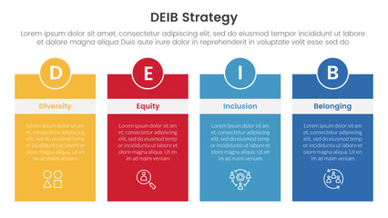 DEIB diversity strategy infographic 4 point stage template with box table with header badge and circle for slide presentation