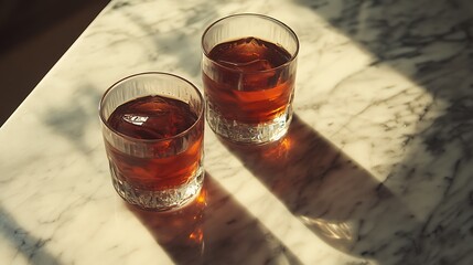 Two glass of homemade kombucha on the marble table