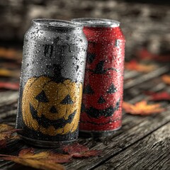 Halloween themed soda cans with pumpkin design and autumn leaves