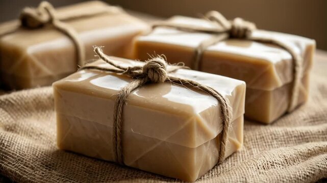 Three soap bars wrapped in twine and tied with a bow
