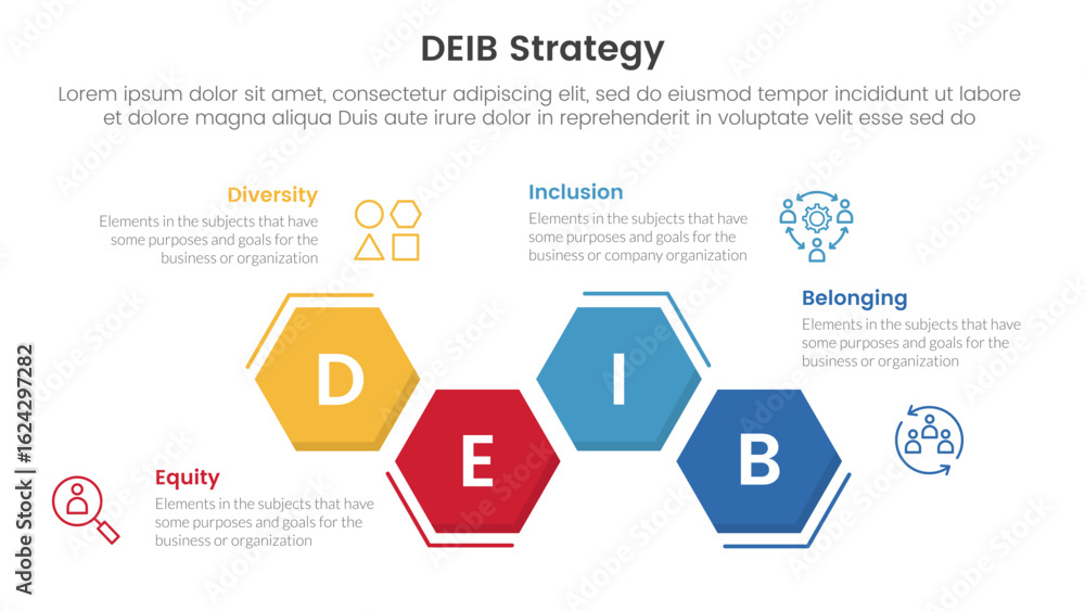 Aufkleber deib diversity strategy infographic 4 point stage template with hexagon unbalance up and down for sl