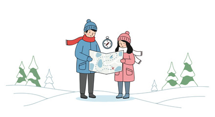 Winter Adventure: Couple Navigating with Map and Compass
