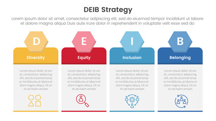 DEIB diversity strategy infographic 4 point stage template with table box with hexagon header for slide presentation