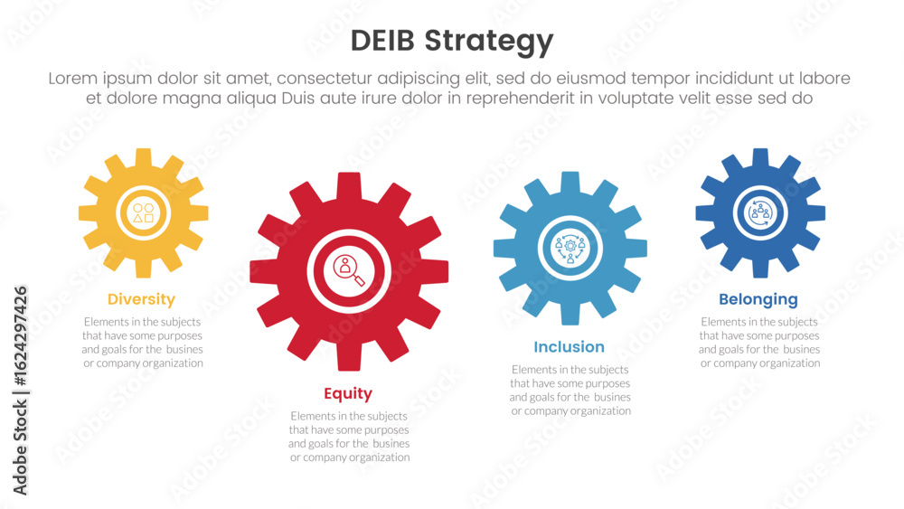 Poster deib diversity strategy infographic 4 point stage template with gear shape on horizontal line up and