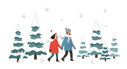 Winter Stroll: Couple Walking in Snowy Landscape Illustration