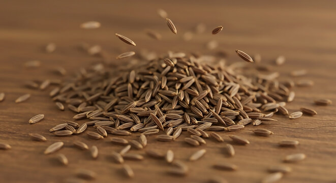 Aromatic whole cumin seeds falling and scattering onto a pile. Macro photograph of organic jeera spice on a rustic wooden table background.