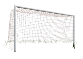Soccer goal with light beige net and small decorative plants