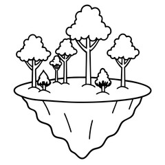 Minimal Floating Island with Trees Line Art