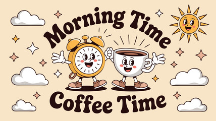Retro Morning Time Coffee Time Illustration with Clock, Coffee Cup, Sun, Clouds and Stars