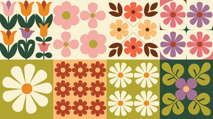 Retro Floral Pattern with Tulips and Daisies in a Colorful 1970s Style