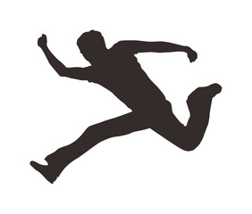 Silhouette of a man jumping and reaching out, captured in mid-air against a white background.