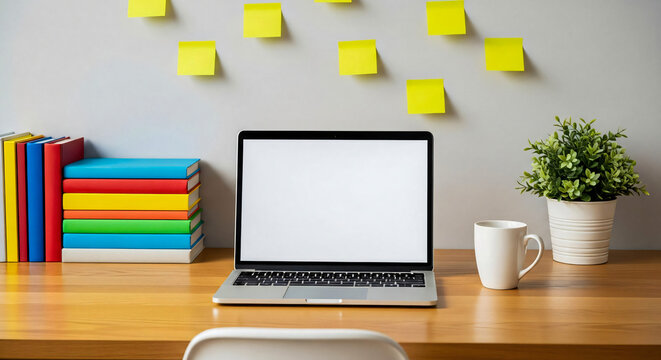 Productive Workspace: Laptop, Books, and Inspiration