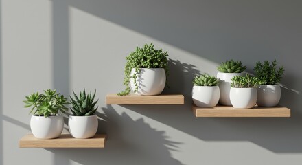 Modern Succulent Arrangement on Wooden Shelves in Bright Room with Natural Light