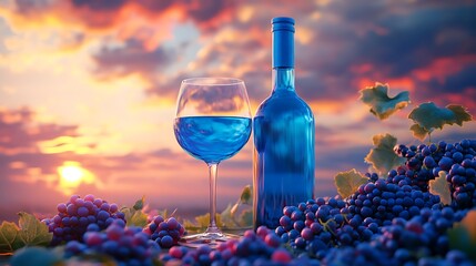 Two glasses of blue wine and bottle at sunset