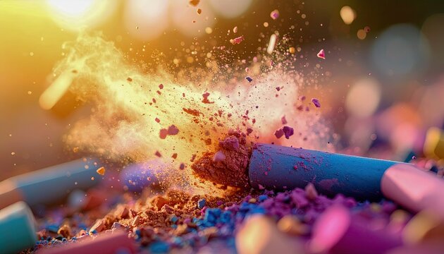A close up of a makeup brush with a pile of powder on the ground. The brush is blue and the powder is pink. Concept of messiness and chaos, as the powder has been scattered all over the ground