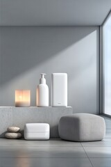 Minimalist spa setting with skincare product arrangement
