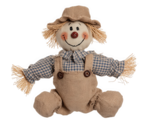 Cute mini scarecrow doll with blushing cheeks, patchy overalls, straw hat, and plaid shirt, cheerful expression, rustic handmade decoration for autumn or harvest festival