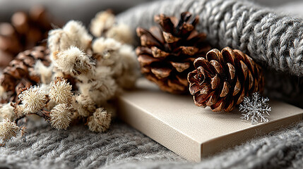 Winter Wonderland Card Mockup with Pine Cones and Snowflakes, Cozy Winter Theme Design, Neutral Tone Background