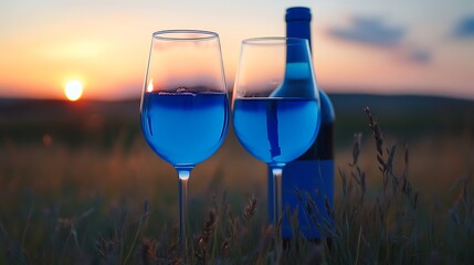 Two glasses of blue wine and bottle at sunset