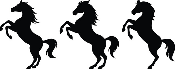 a set of three black silhouettes of rearing stallions, highly detailed, digital art
