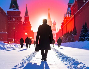 Shadowy Political Power Concept in Snowy Kremlin Corridor