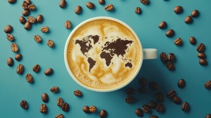 World map latte art in a cup surrounded by coffee beans on a blue background.