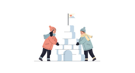 Winter Fun: Children Building a Snow Fort Together