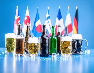 International Beer Celebration Table with Global Flags and Festive Lighting