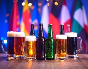 International Beer Celebration Table with Global Flags and Festive Lighting