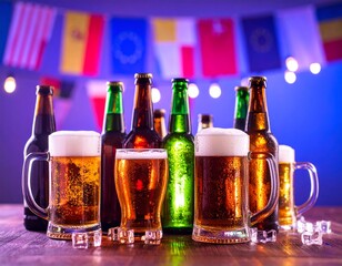 International Beer Celebration Table with Global Flags and Festive Lighting