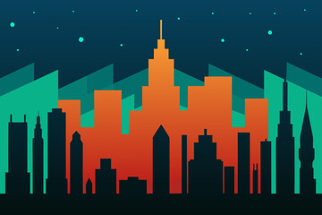 Obraz premium Stylized cityscape silhouette at dusk with geometric background